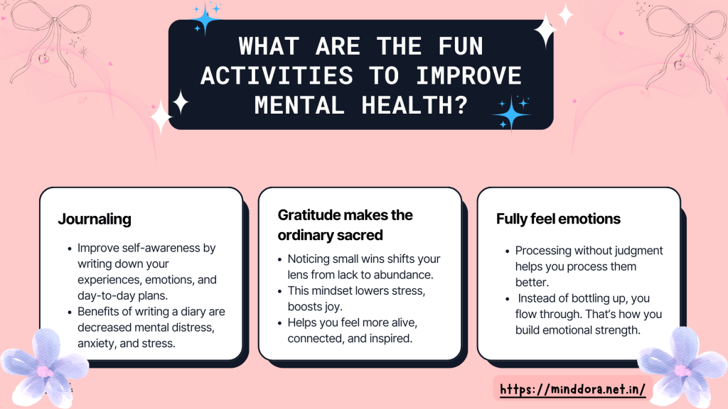 Fun activities to improve mental health such as journaling to reduce stress, practicing gratitude to make the ordinary sacred, and fully feeling emotions to build emotional strength.